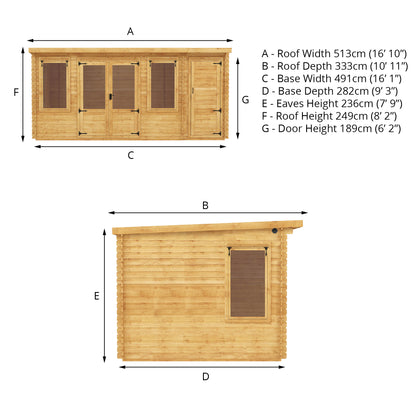 5.1m x 3m Pent Log Cabin with Side Shed