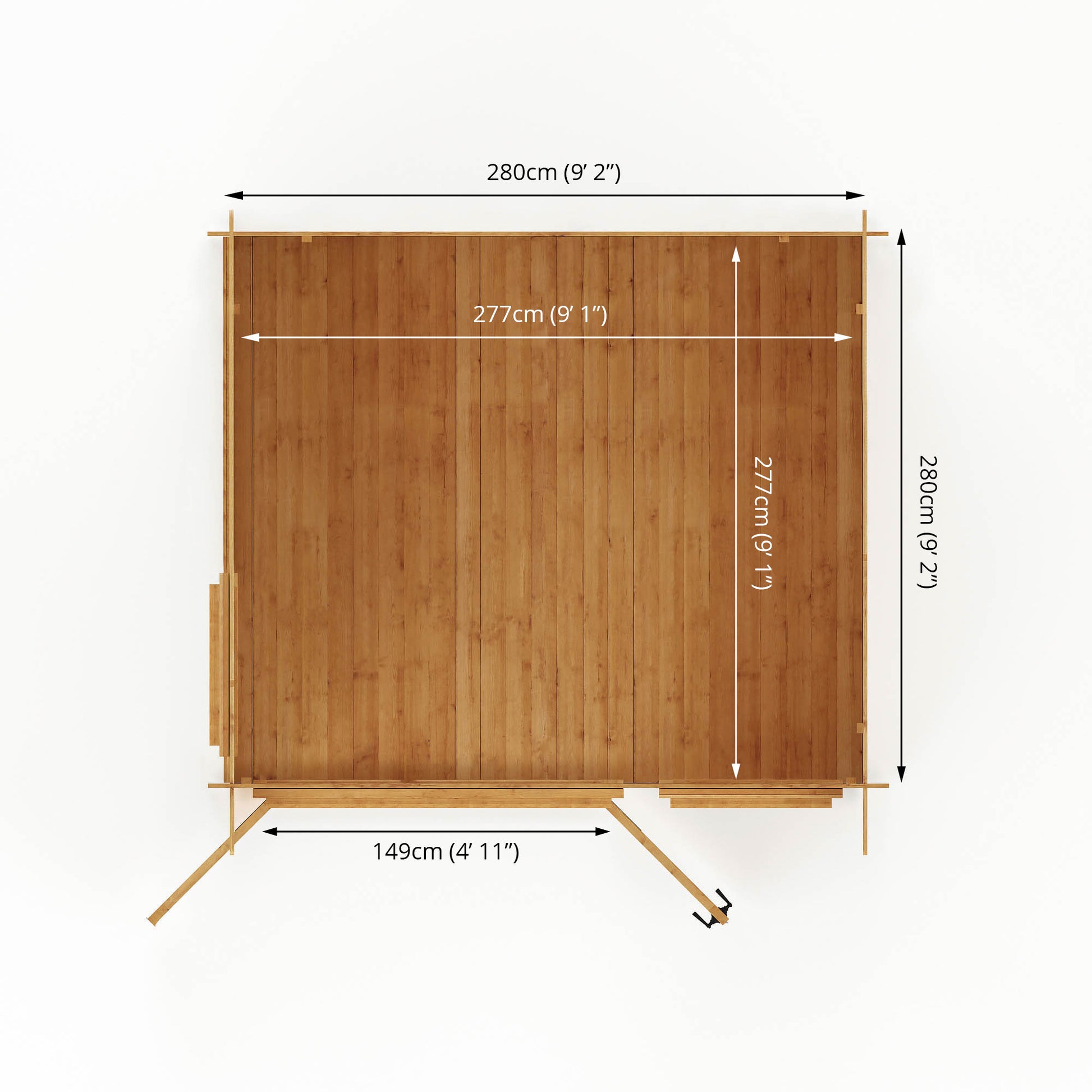 Dimensions of A timber log cabin with pent roof, large windows and double doors, set in a garden used as a music room