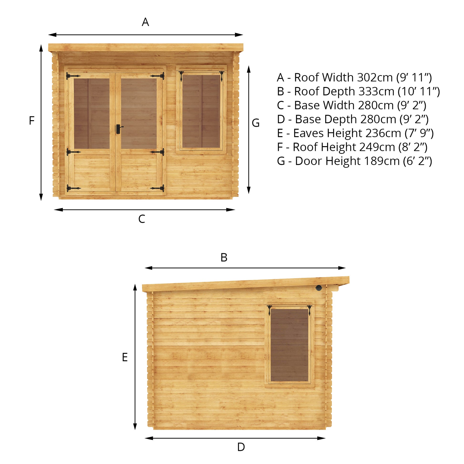 Dimensions of A timber log cabin with pent roof, large windows and double doors, set in a garden used as a music room