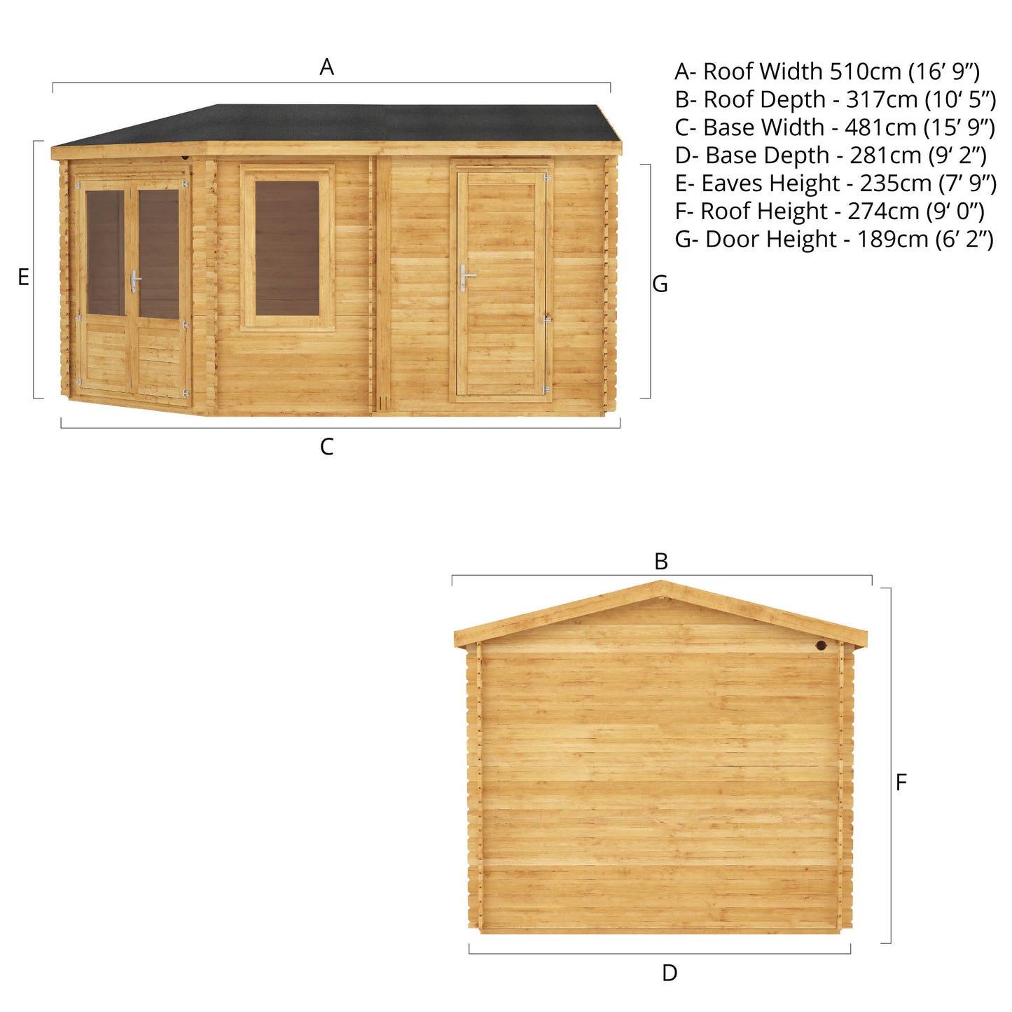 The Goldcrest 5m x 3m Log Cabin with Side Shed