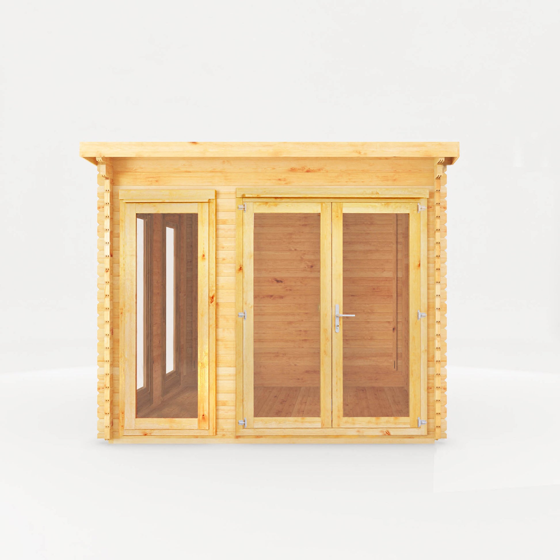 A modern timber log cabin with sloping flat roof, full length windows, double doors 