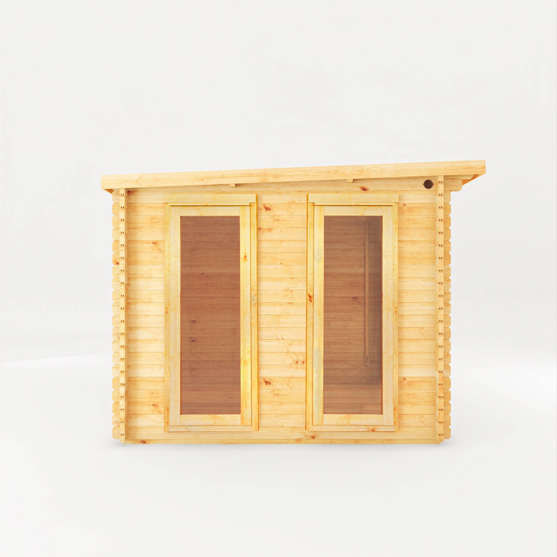 A modern timber log cabin with sloping flat roof, full length windows, double doors 