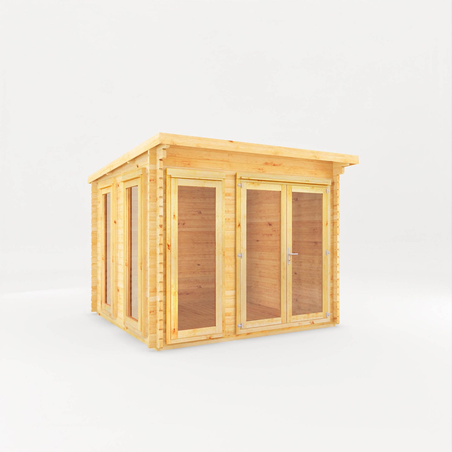 A modern timber log cabin with sloping flat roof, full length windows, double doors 