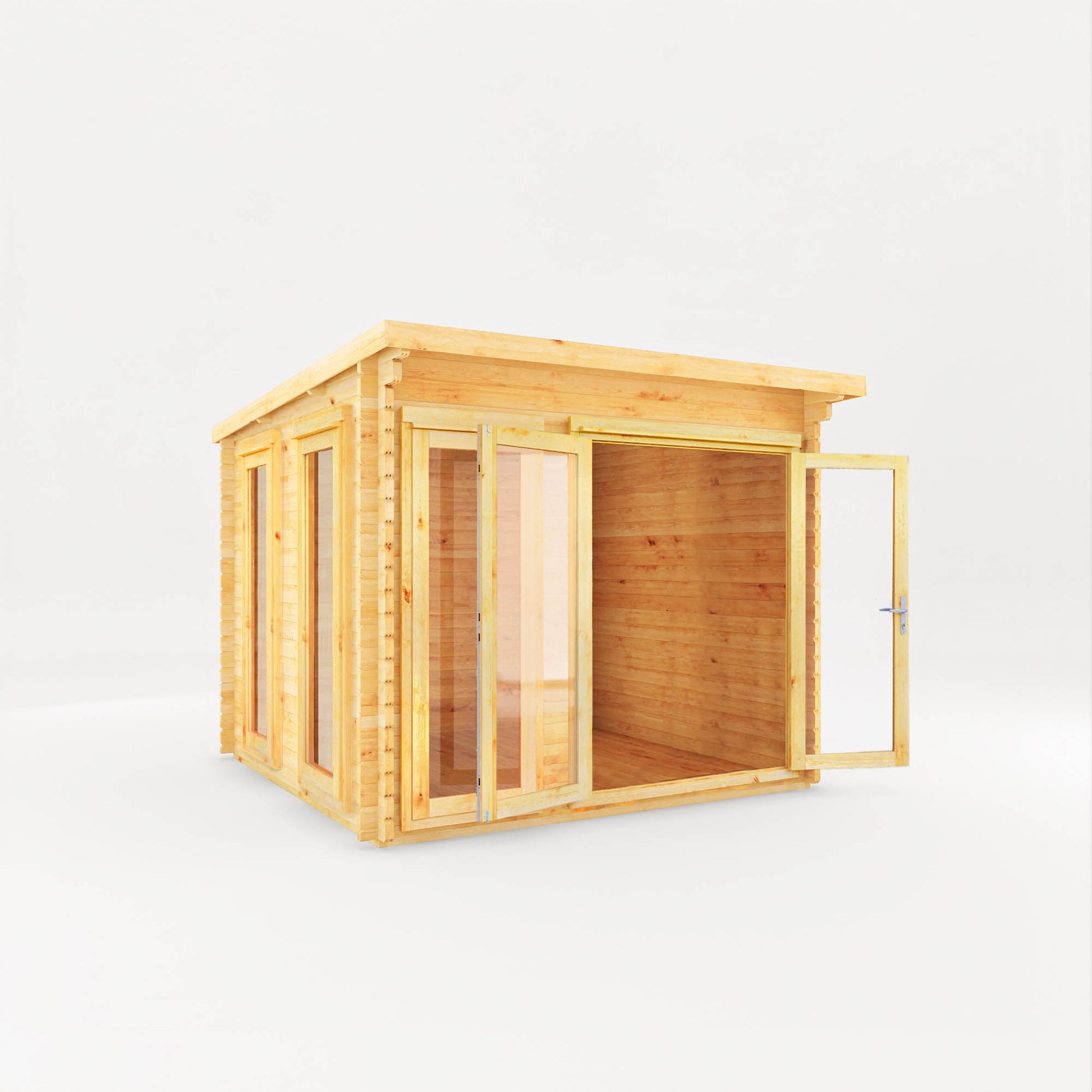 A modern timber log cabin with sloping flat roof, full length windows, double doors 
