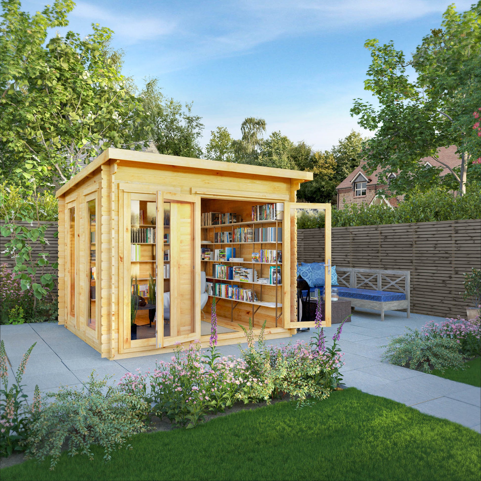 A modern timber log cabin with sloping flat roof, full length windows, double doors in a British garden being used as a reading room