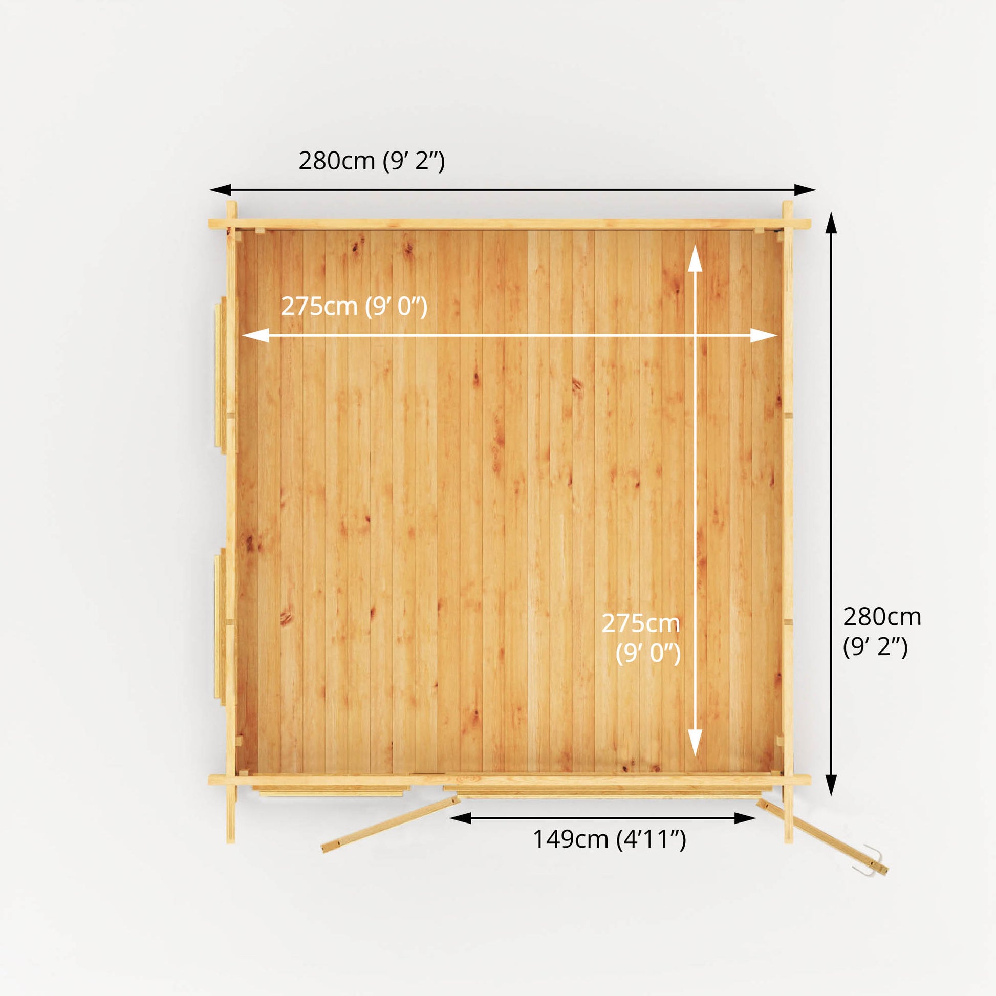 Dimensions of a modern timber log cabin with sloping flat roof, full length windows, double doors 