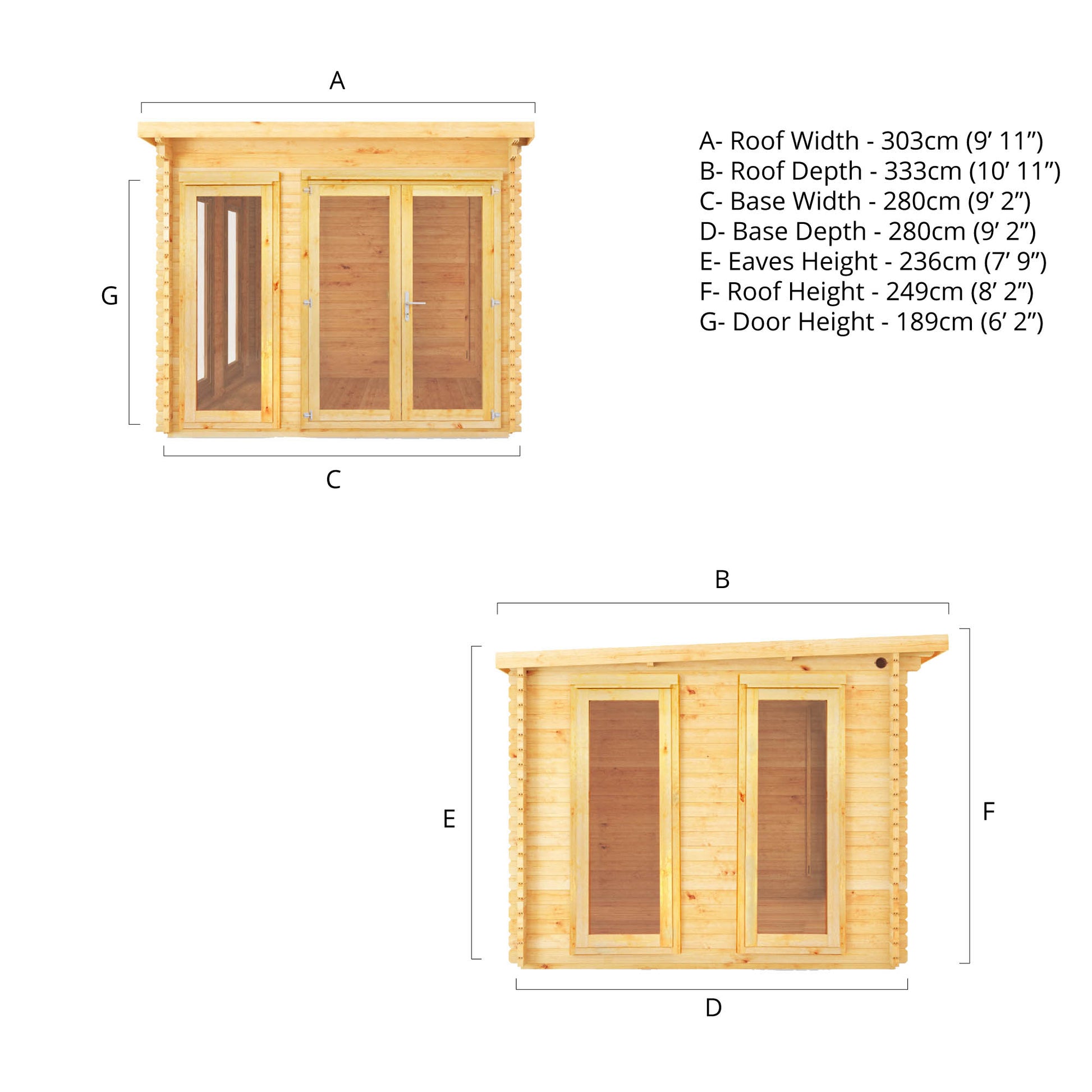 Dimensions of a modern timber log cabin with sloping flat roof, full length windows, double doors 
