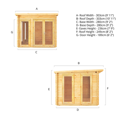 Dimensions of a modern timber log cabin with sloping flat roof, full length windows, double doors 