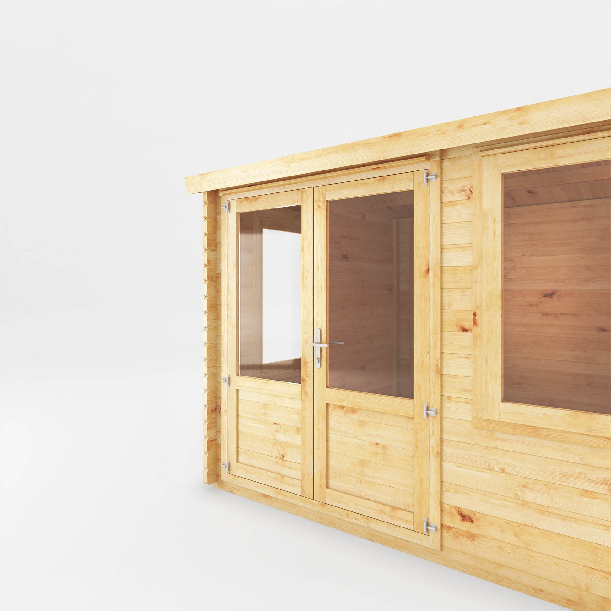 A small log cabin made from wood, with a pitched roof, double doors with opening windows