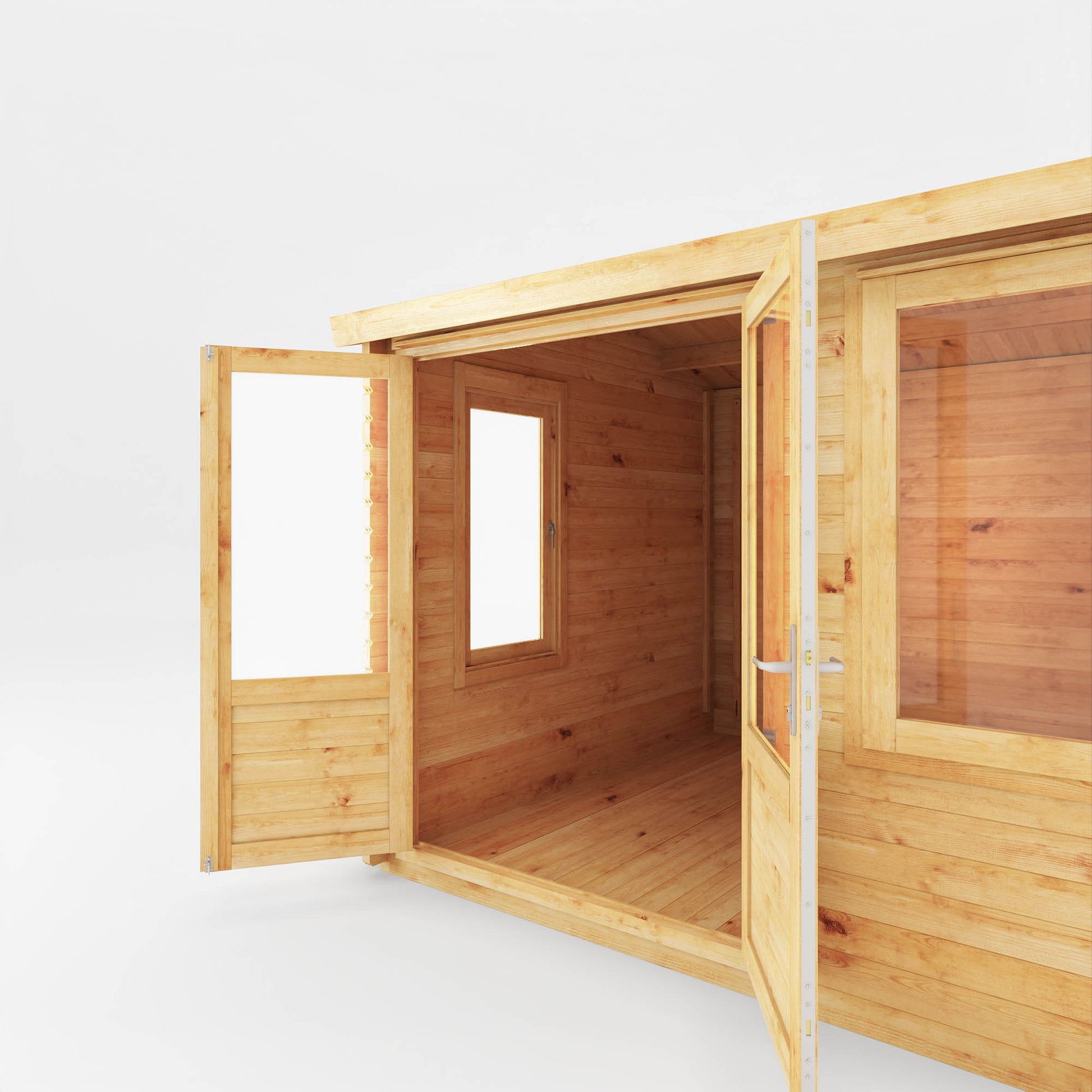 A small log cabin made from wood, with a pitched roof, double doors with opening windows