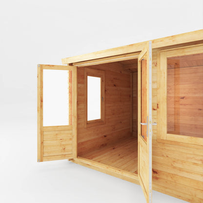A small log cabin made from wood, with a pitched roof, double doors with opening windows