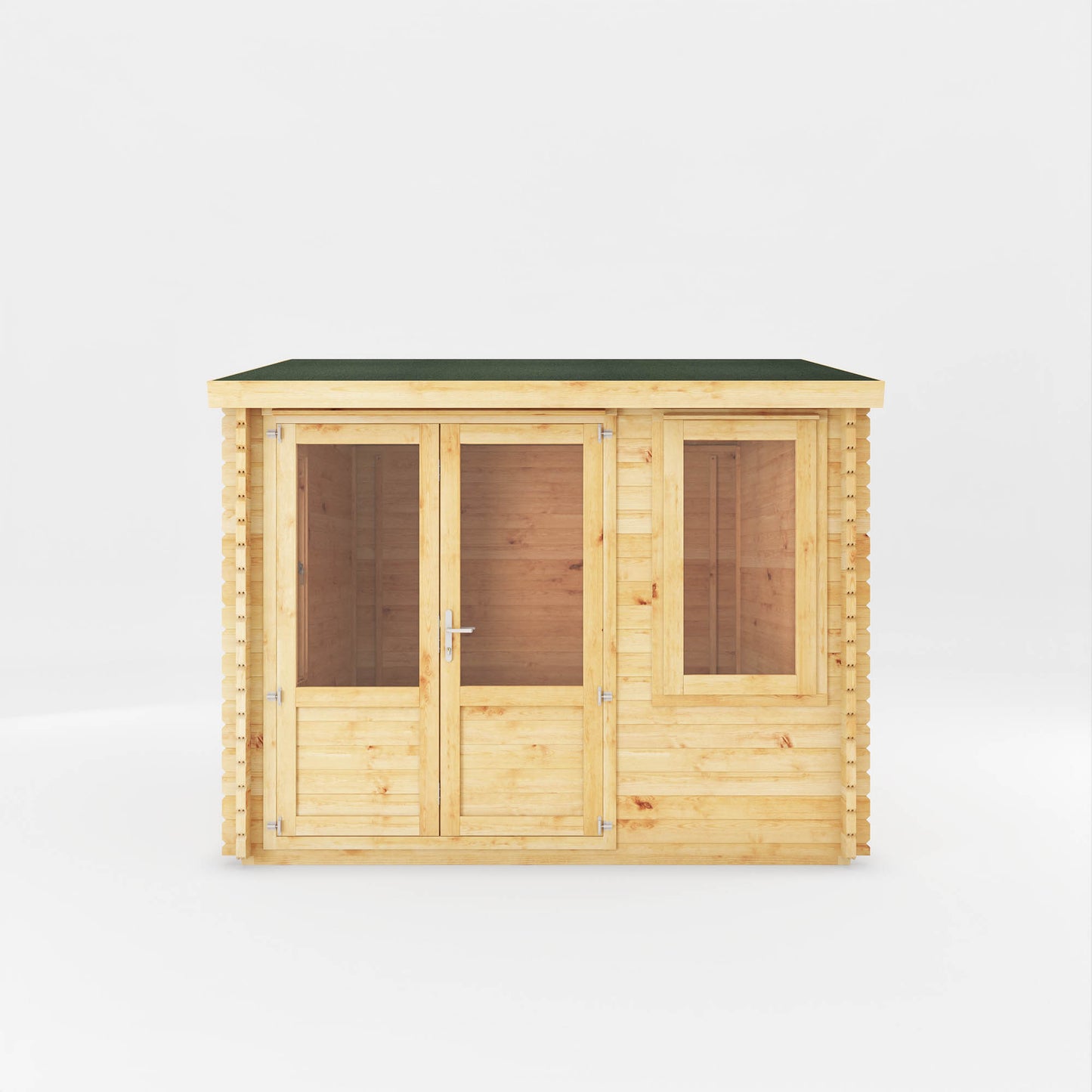 A small log cabin made from wood, with a pitched roof, double doors with opening windows