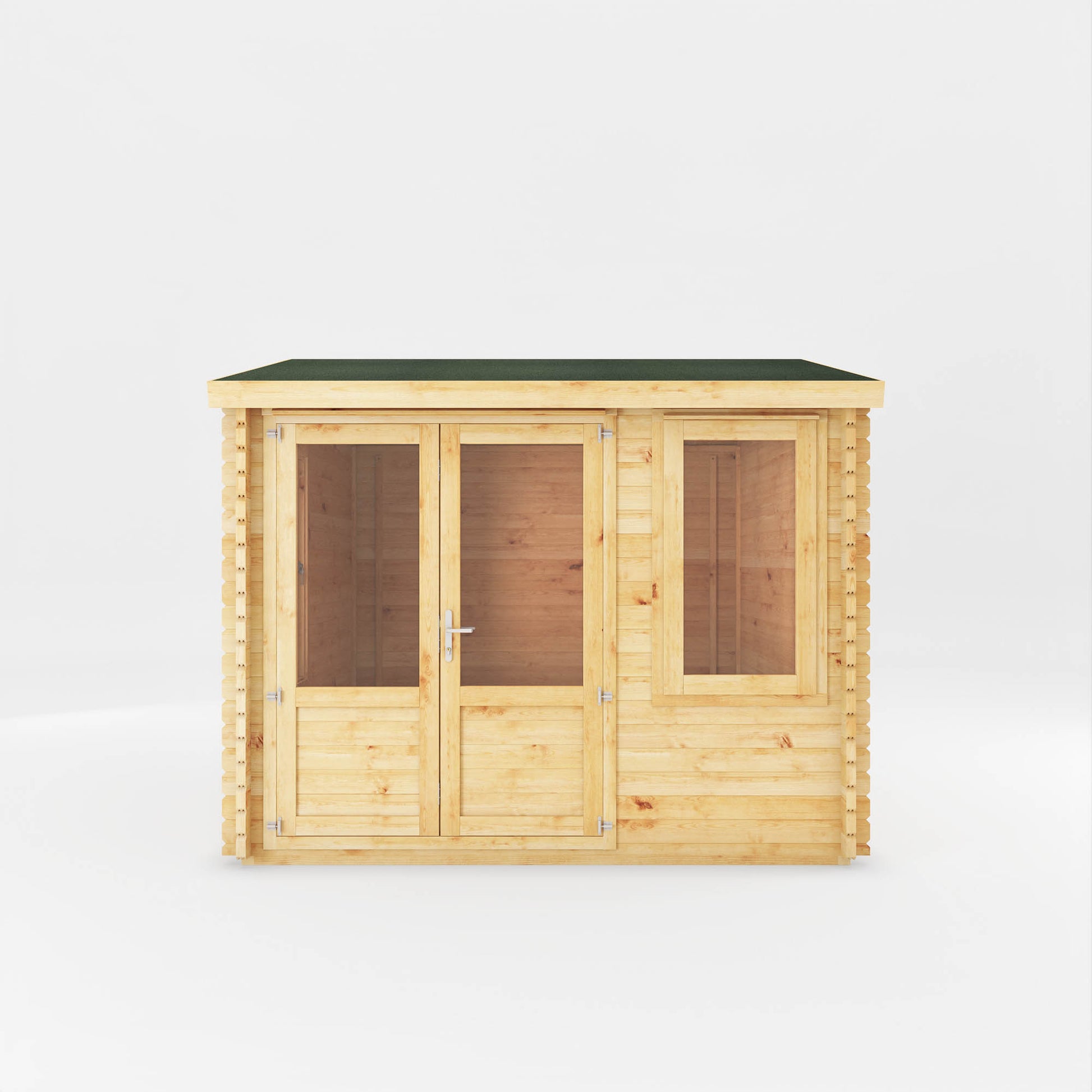 A small log cabin made from wood, with a pitched roof, double doors with opening windows