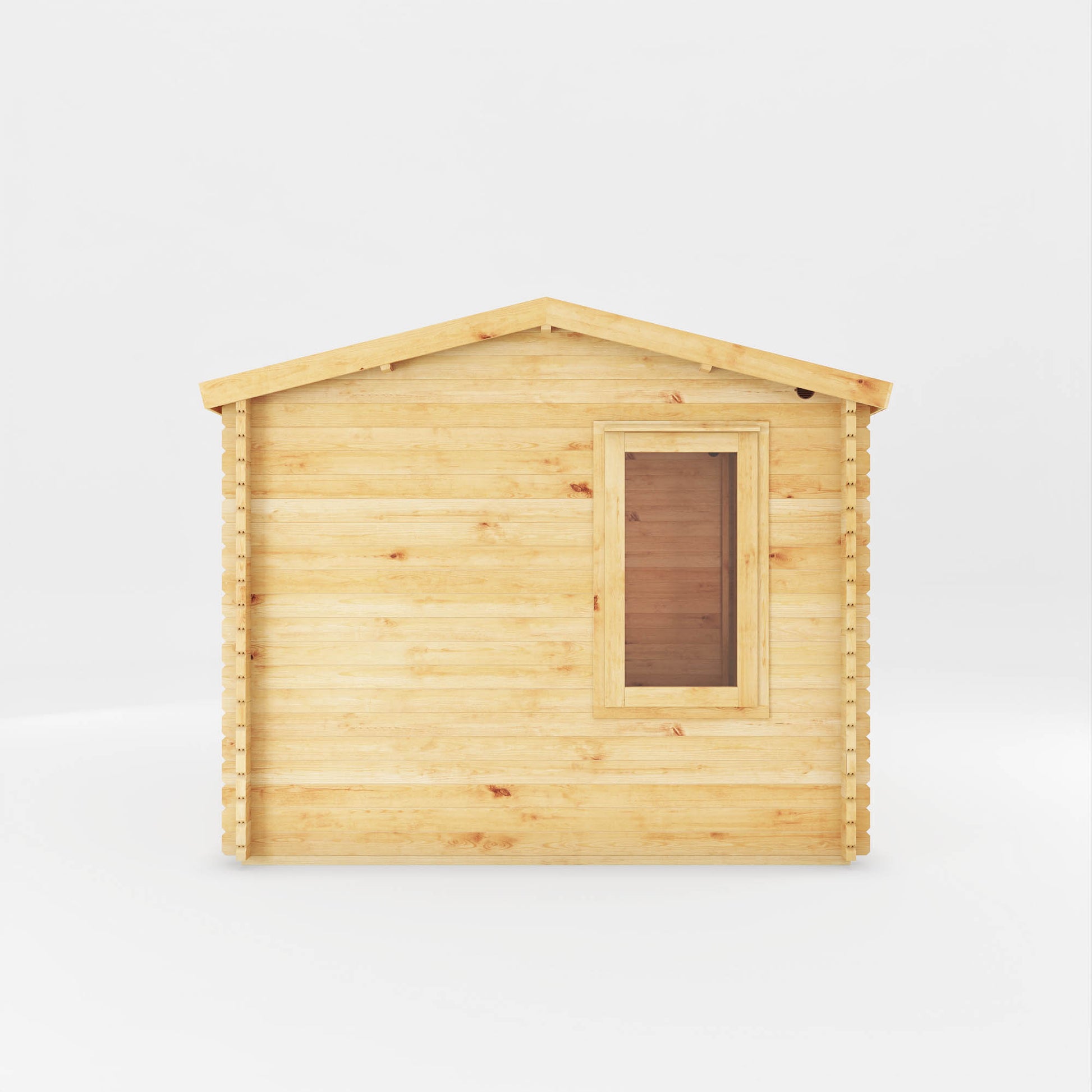 A small log cabin made from wood, with a pitched roof, double doors with opening windows