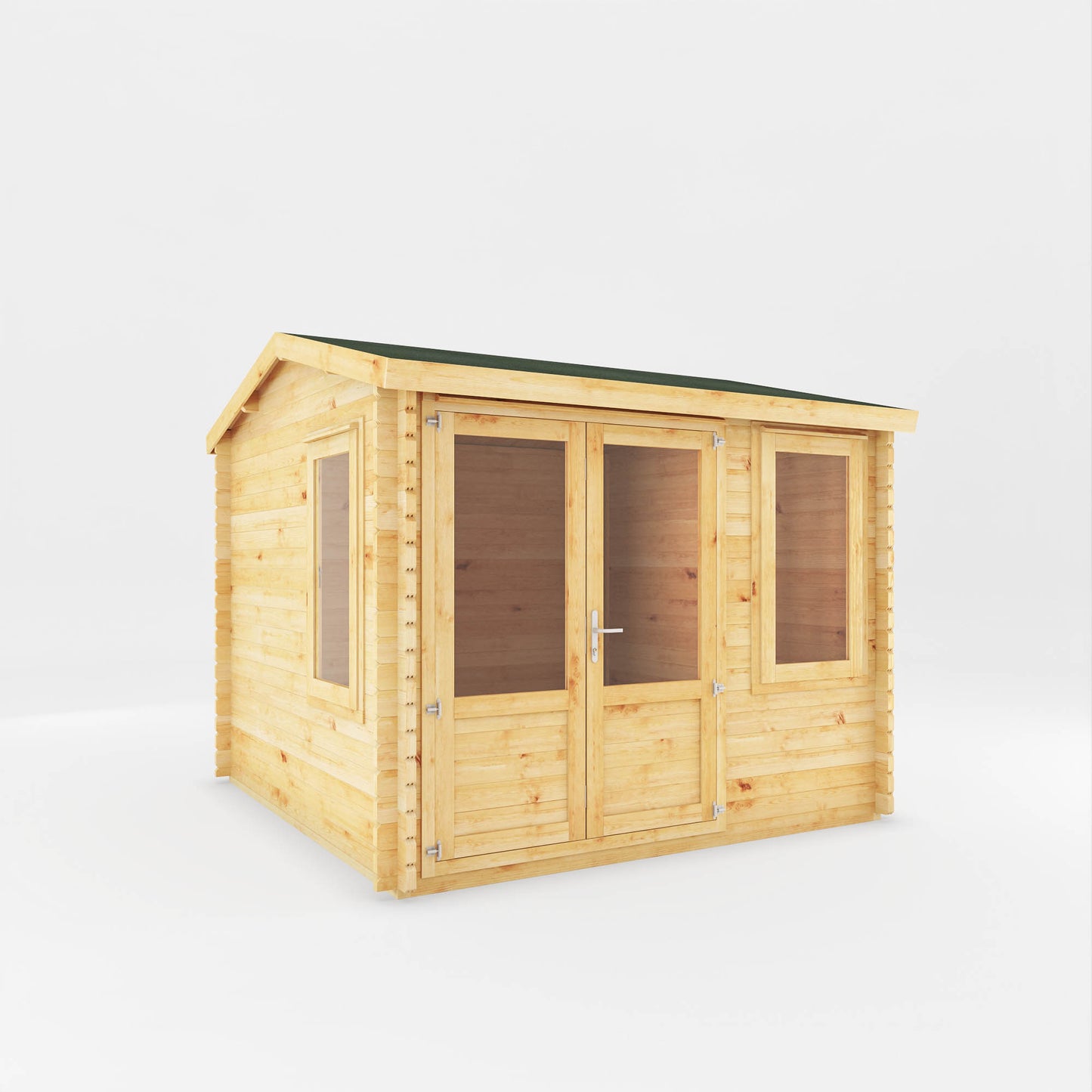 A small log cabin made from wood, with a pitched roof, double doors with opening windows