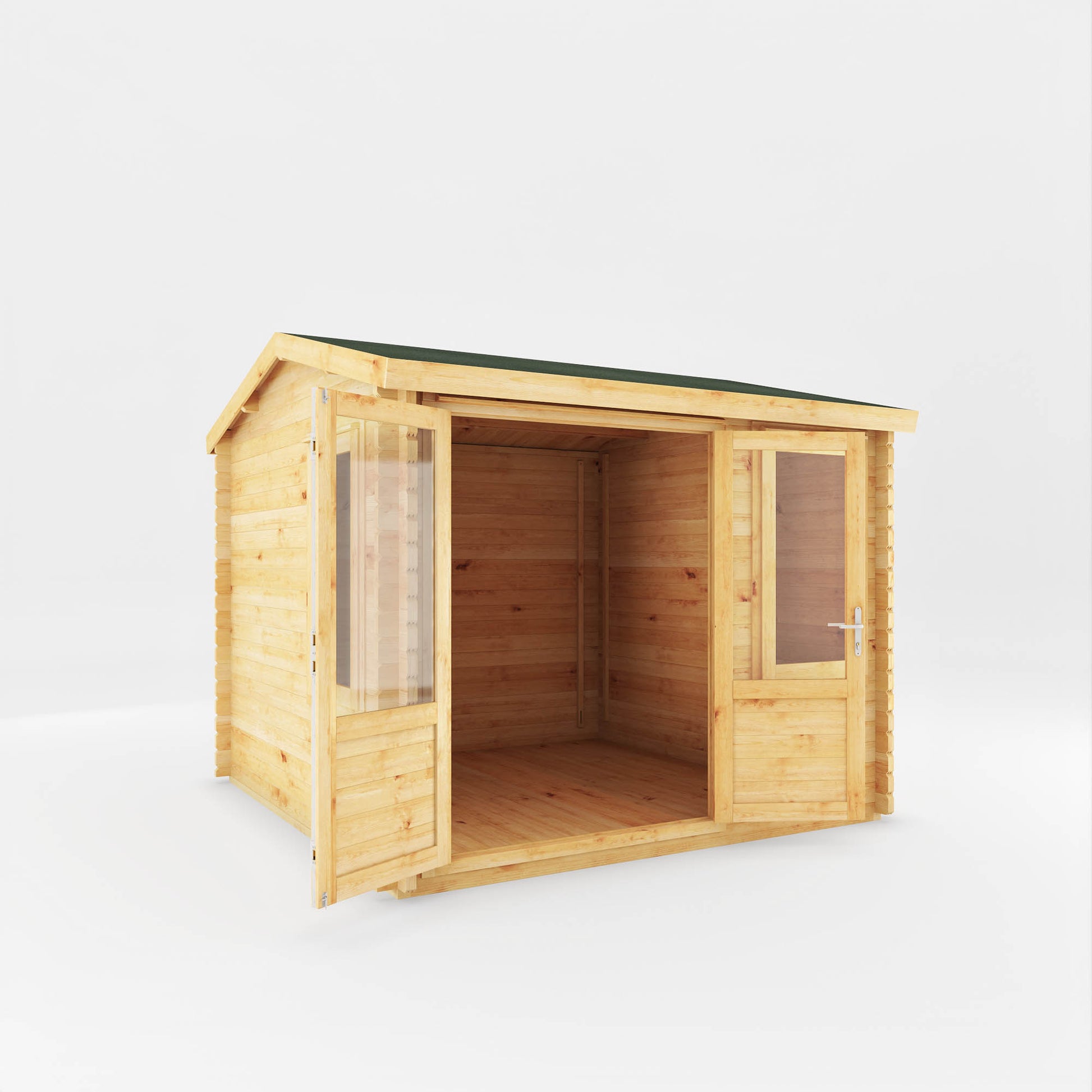 A small log cabin made from wood, with a pitched roof, double doors with opening windows