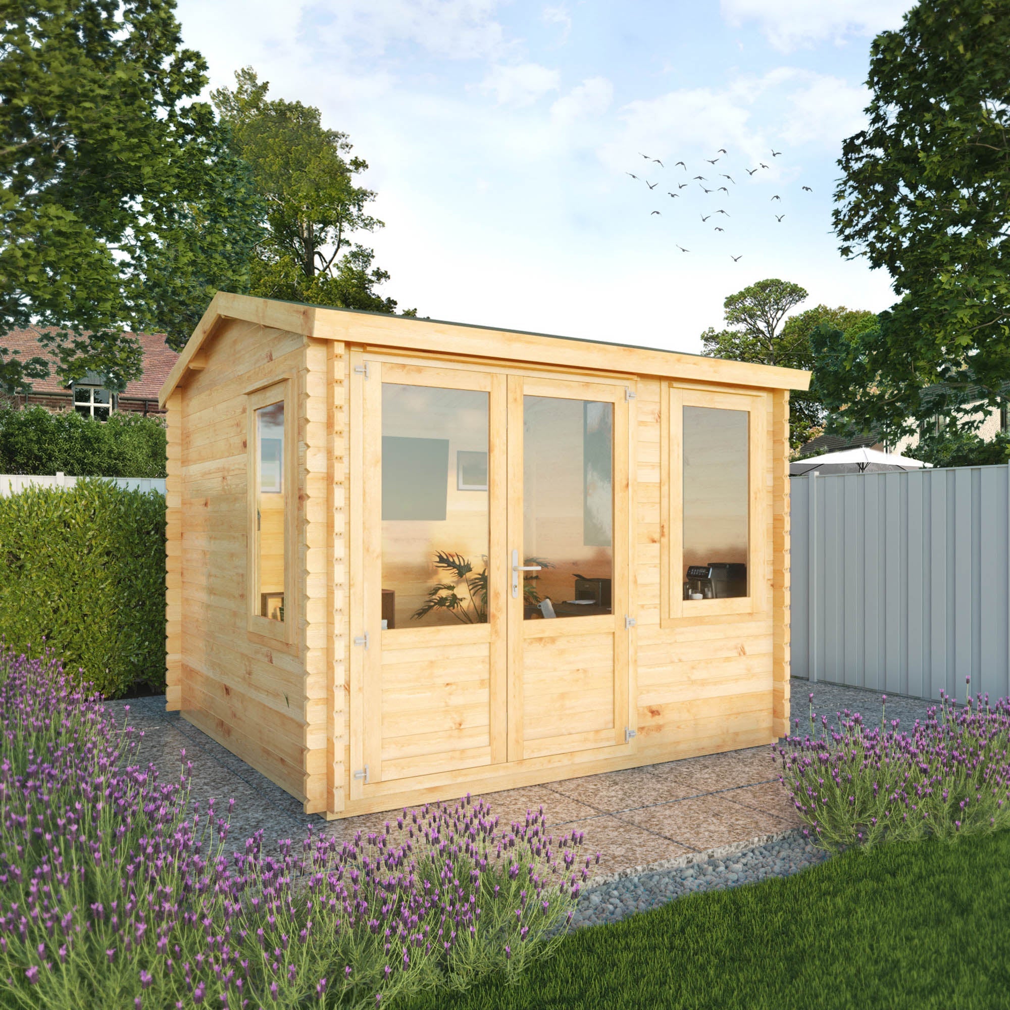 A small log cabin made from wood, with a pitched roof, double doors, in a flowery English garden on a patio