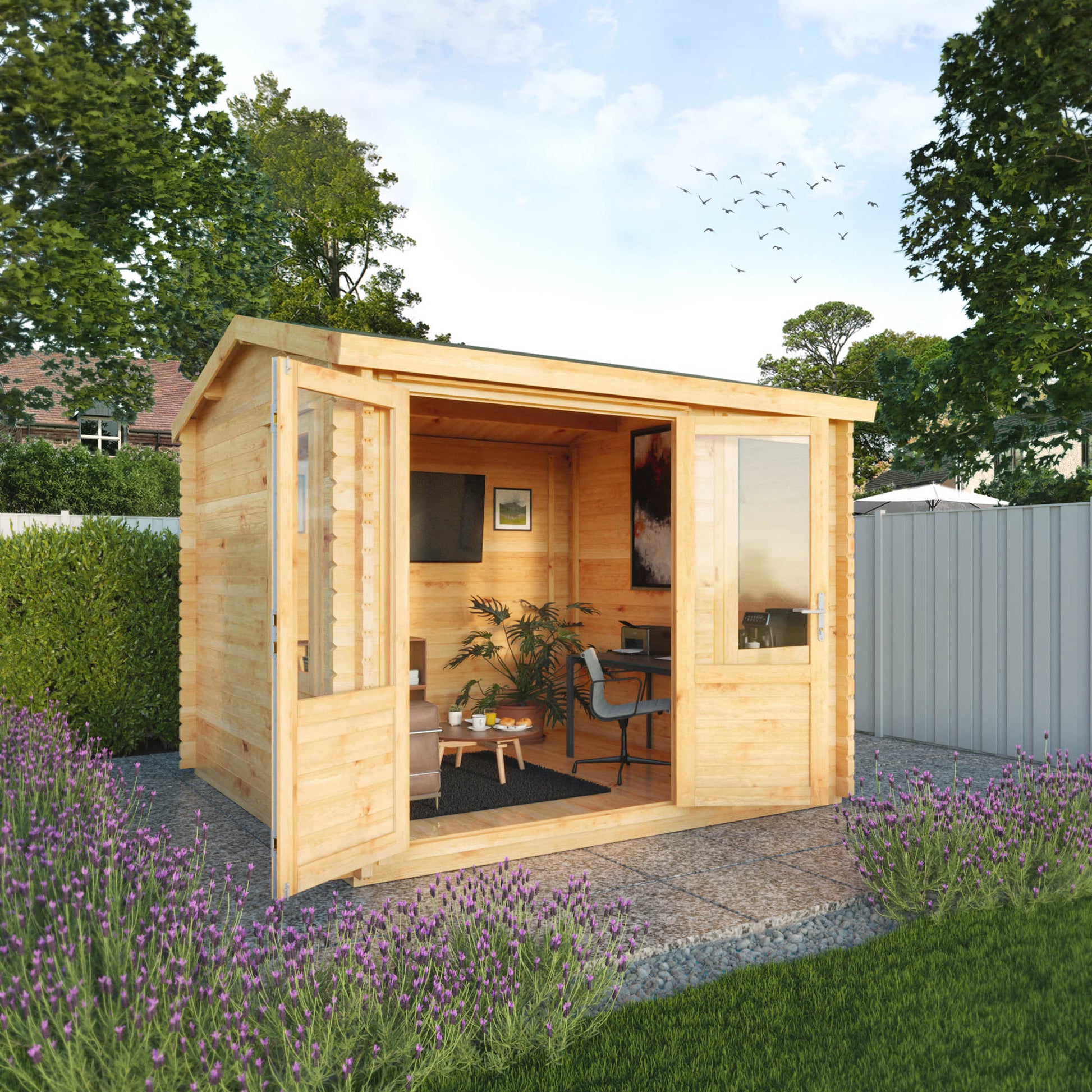 A small log cabin made from wood, with a pitched roof, double doors, in a flowery English garden on a patio