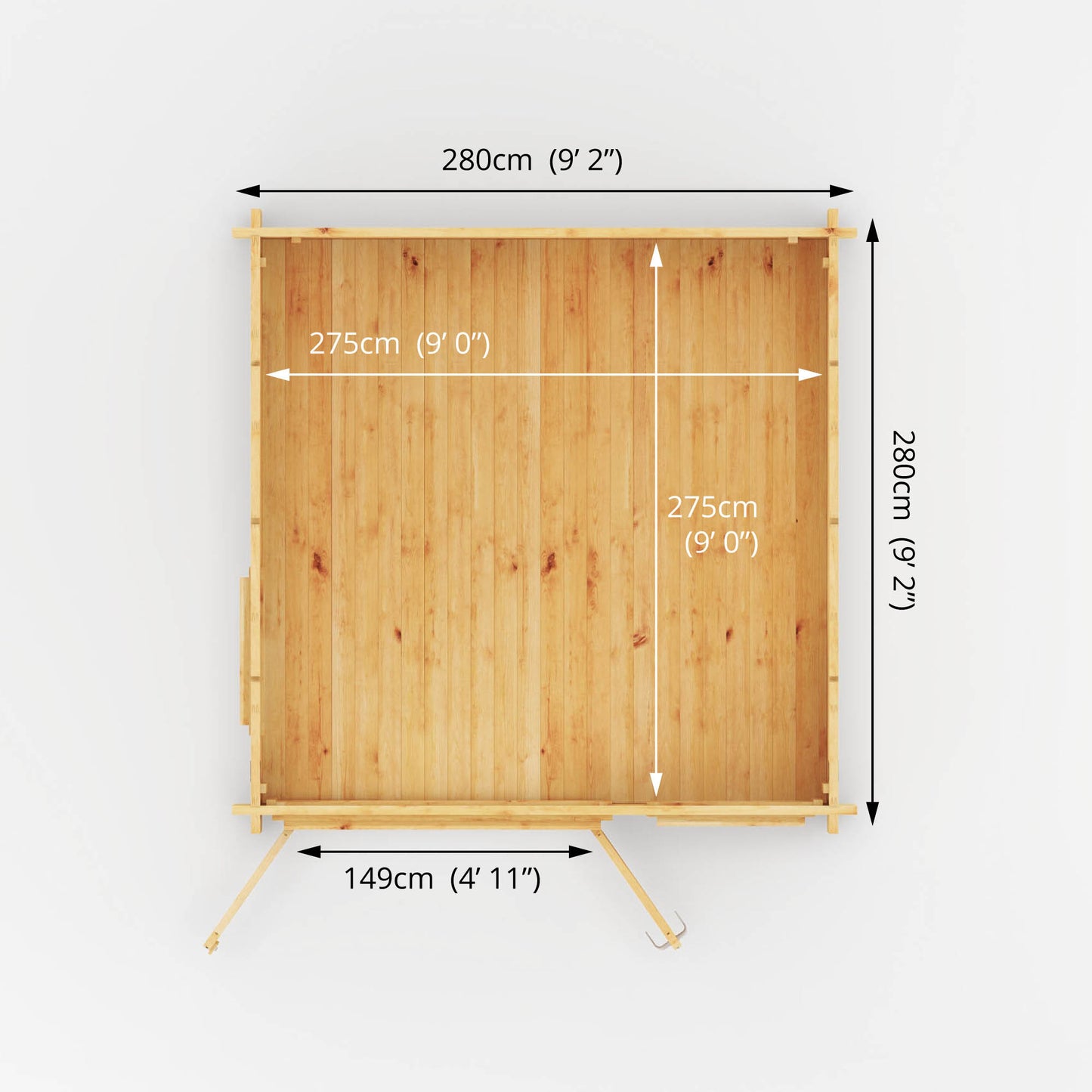 Dimensions of a small log cabin made from wood, with a pitched roof, double doors with opening windows
