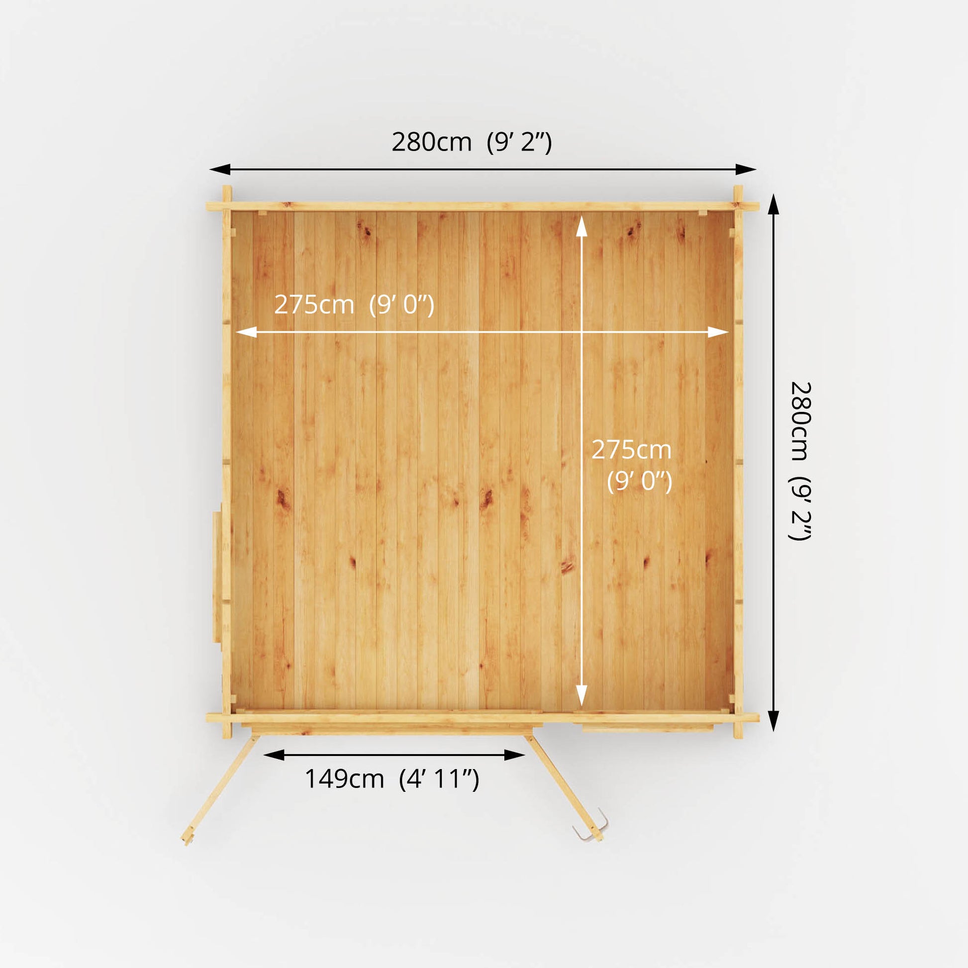 Dimensions of a small log cabin made from wood, with a pitched roof, double doors with opening windows