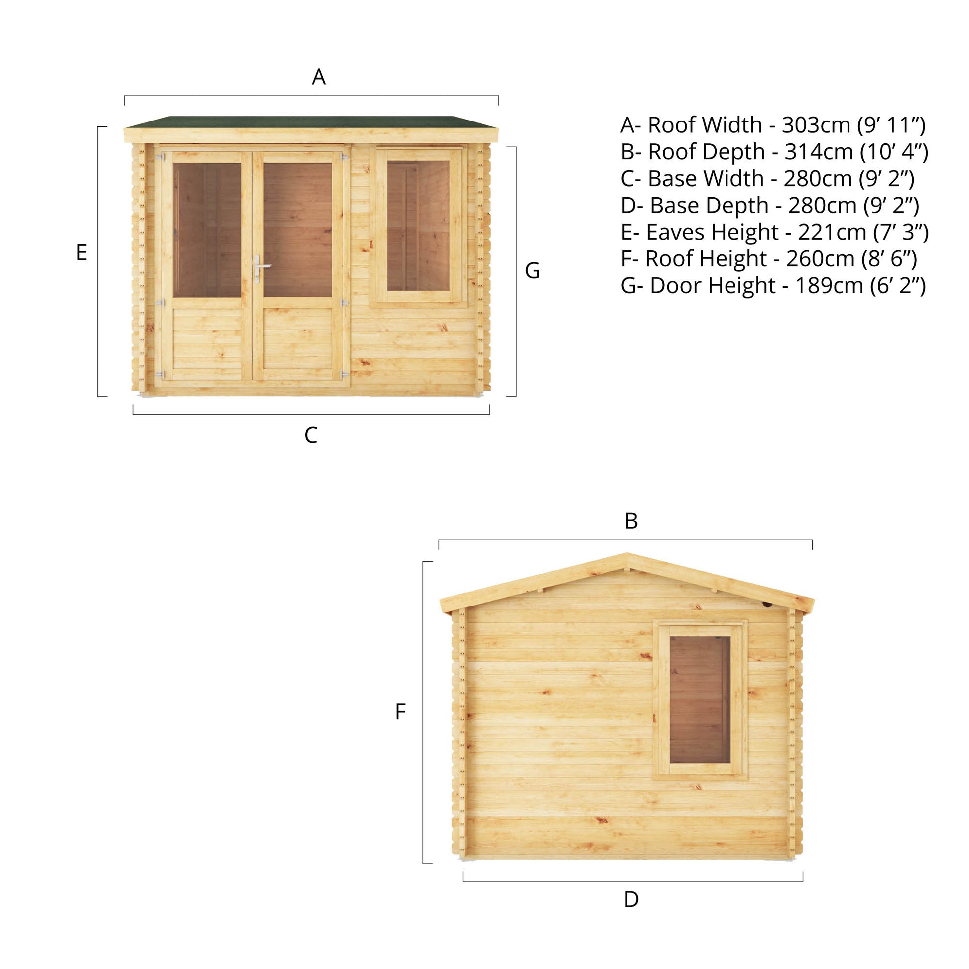 Dimensions of a small log cabin made from wood, with a pitched roof, double doors with opening windows