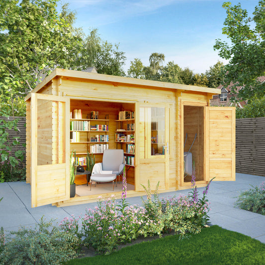 The 4.1m x 3m Cuckoo Pent Log Cabin with Side Shed