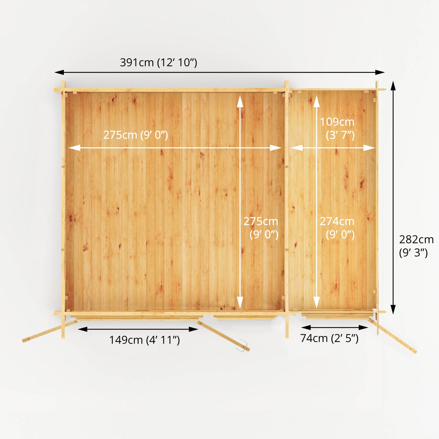 Aerial dimensions of a Traditional timber log cabin with double doors, large windows, apex roof. 