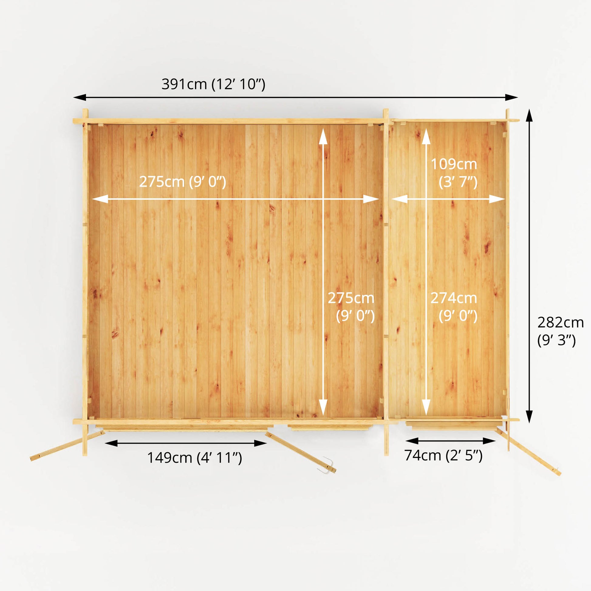 Aerial dimensions of a Traditional timber log cabin with double doors, large windows, apex roof. 
