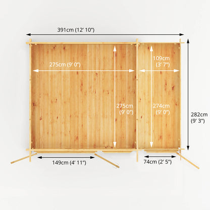 Aerial dimensions of a Traditional timber log cabin with double doors, large windows, apex roof. 