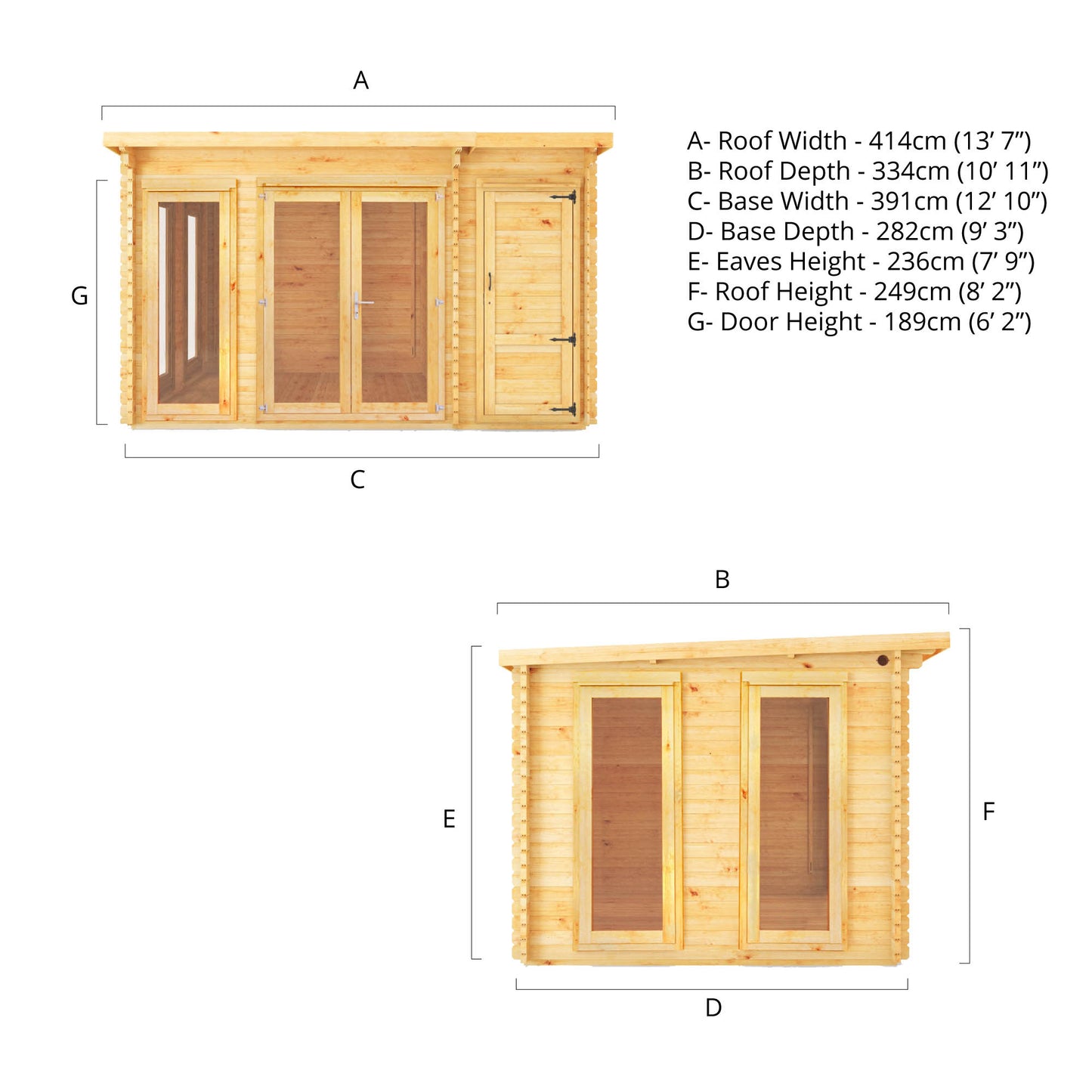 The 4.1m x 3m Wren Pent Log Cabin with Side Shed