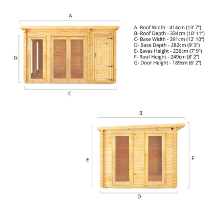 The 4.1m x 3m Wren Pent Log Cabin with Side Shed