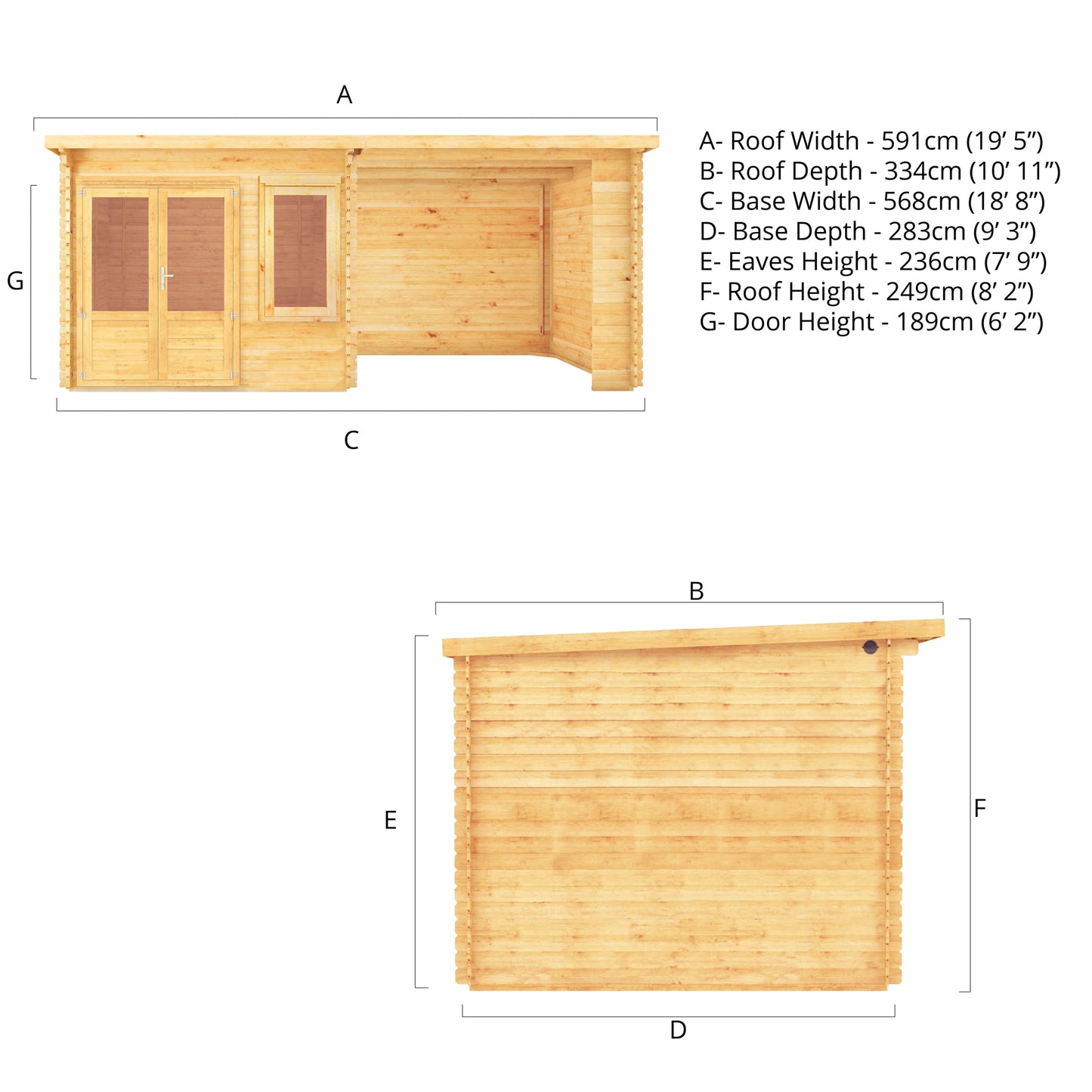 The 6m x 3m Cuckoo Pent Log Cabin with Patio Area