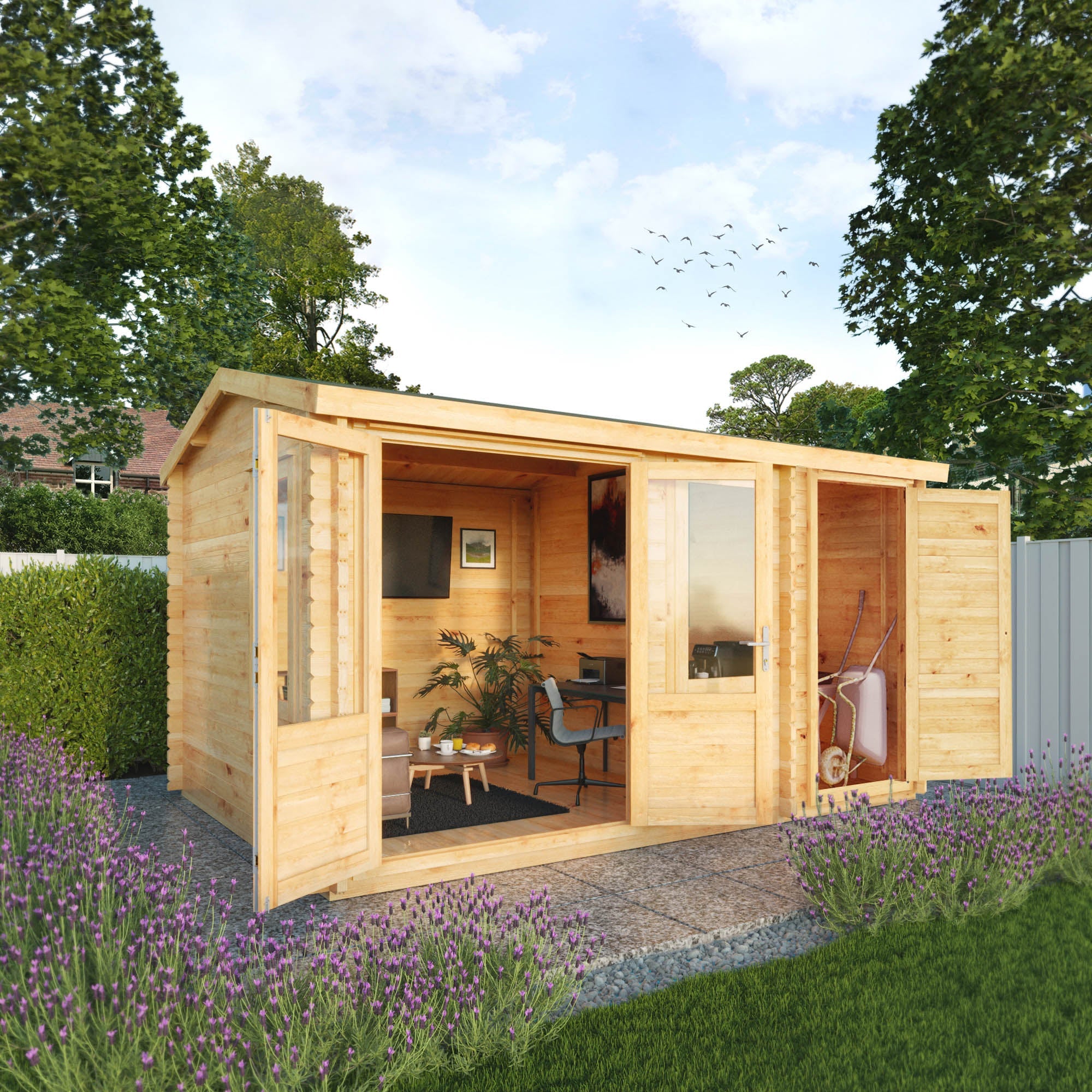 A timber log cabin with double doors, apex roof, side shed and large windows being used as a home office in a British flowery garden
