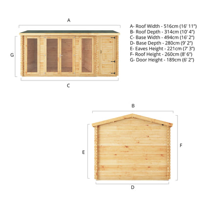 The 5.1m x 3m Dove Log Cabin with Side Shed