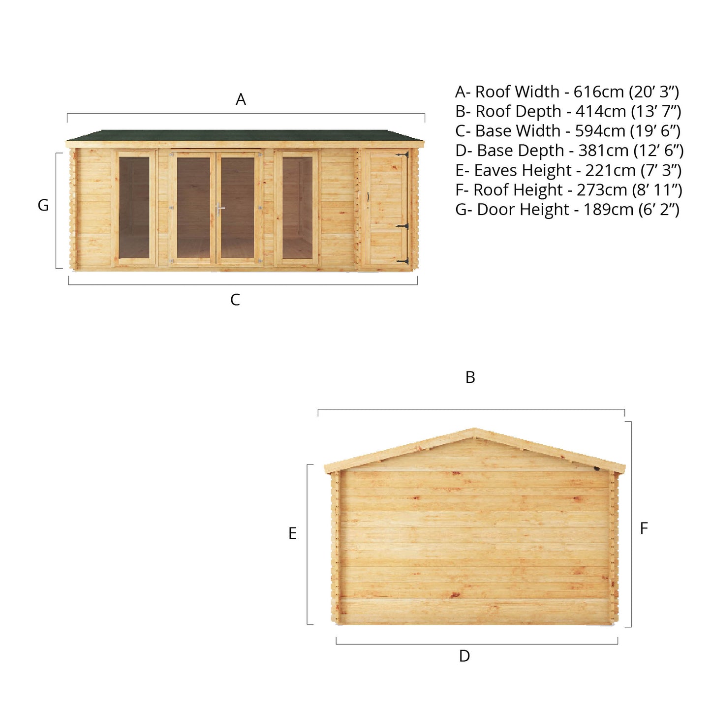The 6.1m x 4m Dove Log Cabin with Side Shed