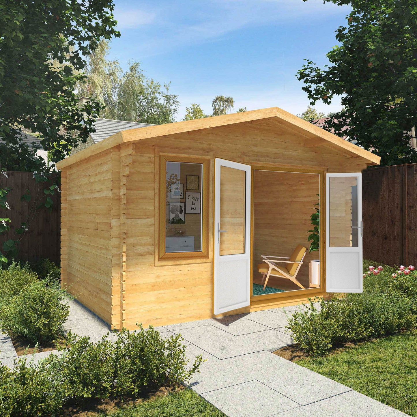 The 4m x 3m Sparrow Log Cabin with Oak UPVC