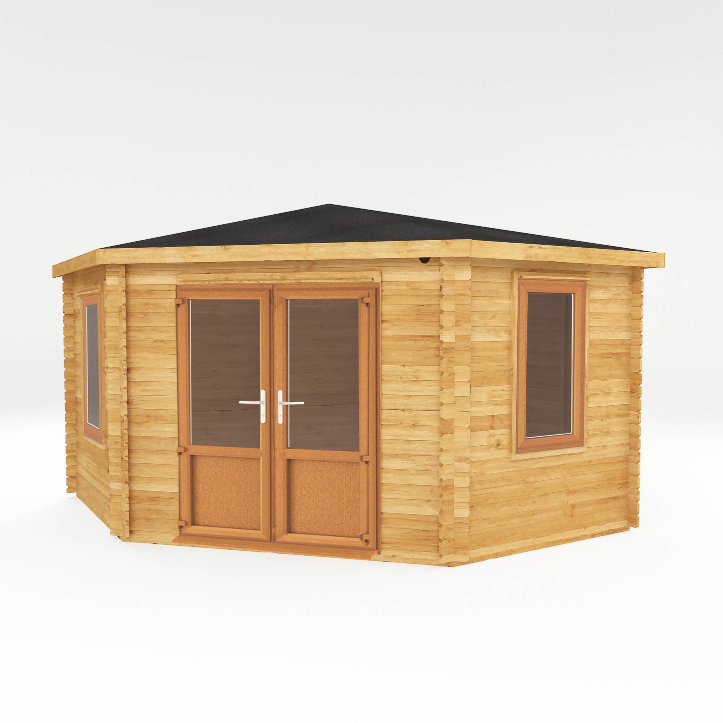 The 4m x 4m Goldcrest Corner Log Cabin with Oak UPVC