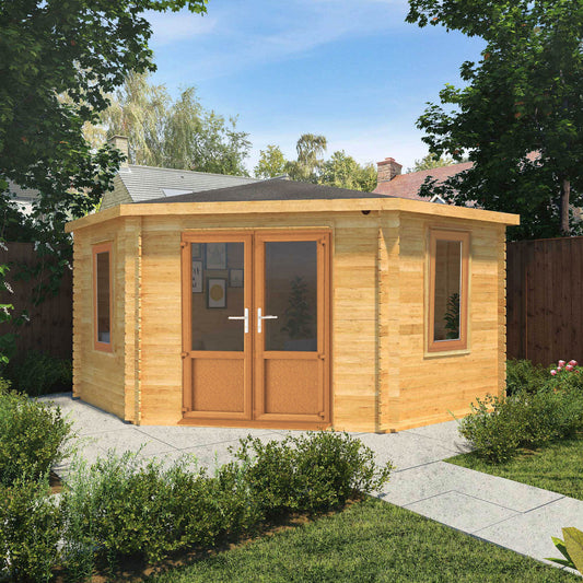 The 4m x 4m Goldcrest Corner Log Cabin with Oak UPVC