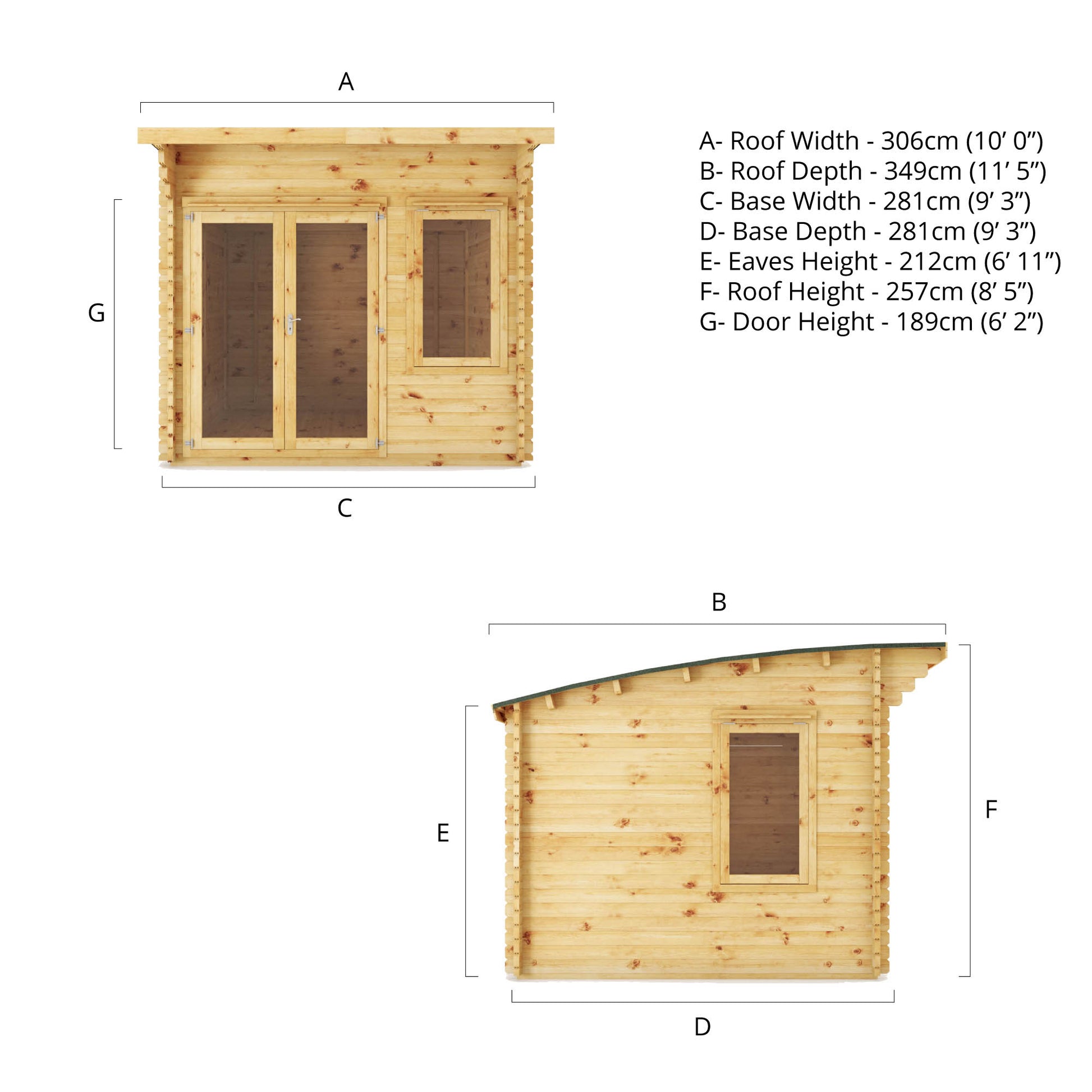 Dimensions of a log cabin from the side and front