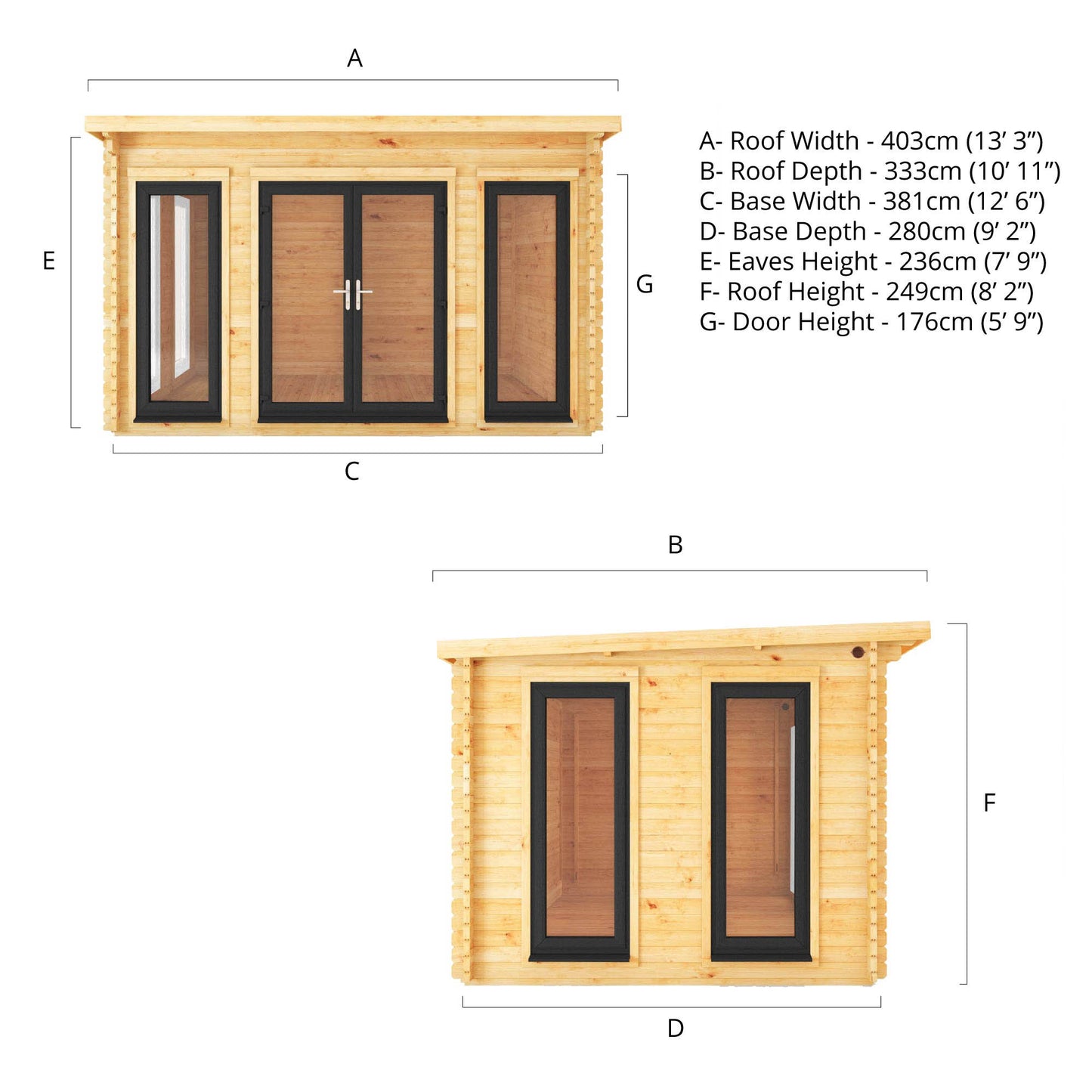 The 4m x 3m Wren Pent Log Cabin with Anthracite UPVC