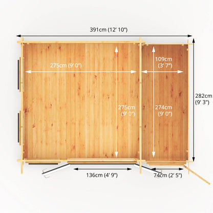 The 4.1m x 3m Wren Pent Log Cabin with Side Shed and Anthracite UPVC