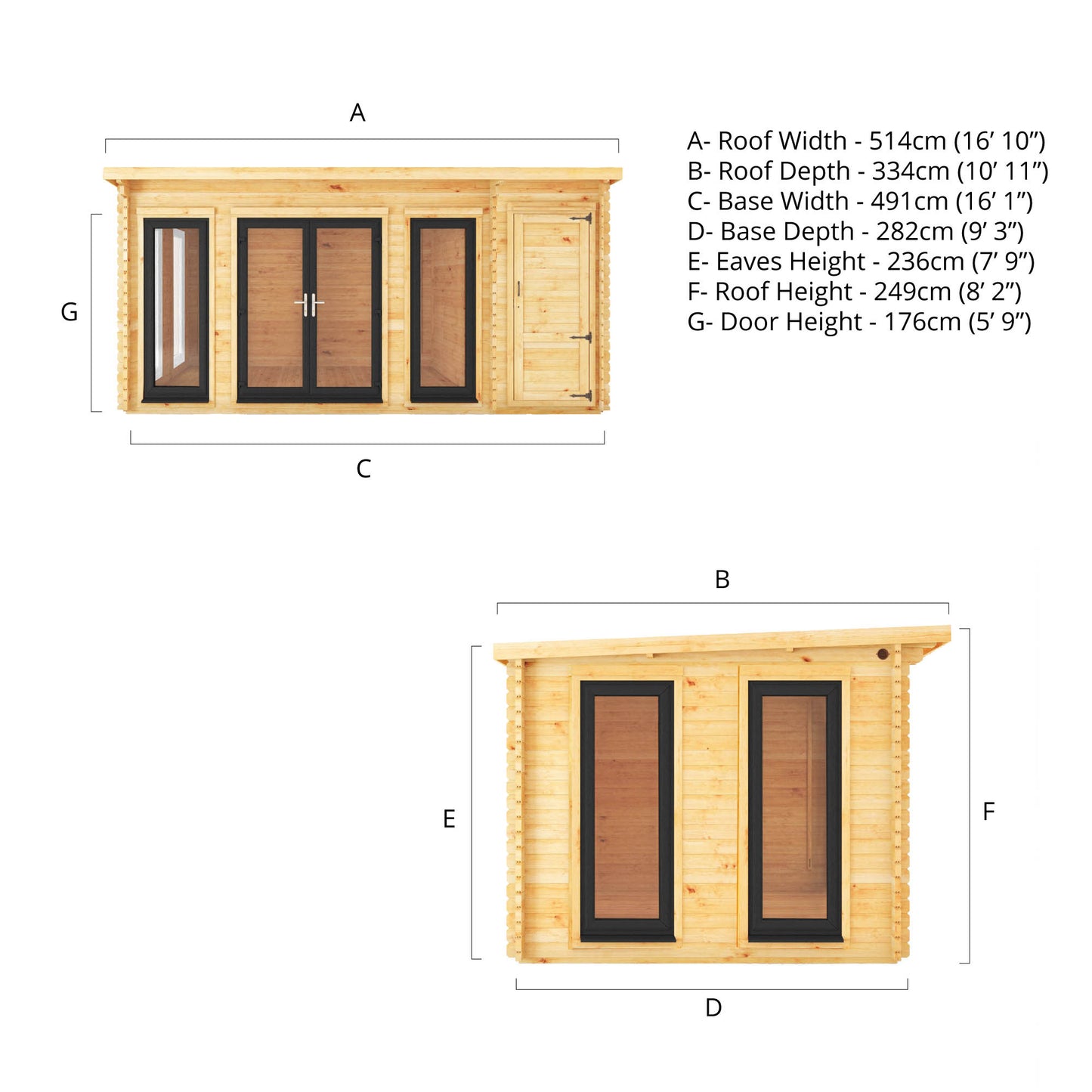 The 5.1m x 3m Wren Log Cabin with Side Shed and Anthracite UPVC