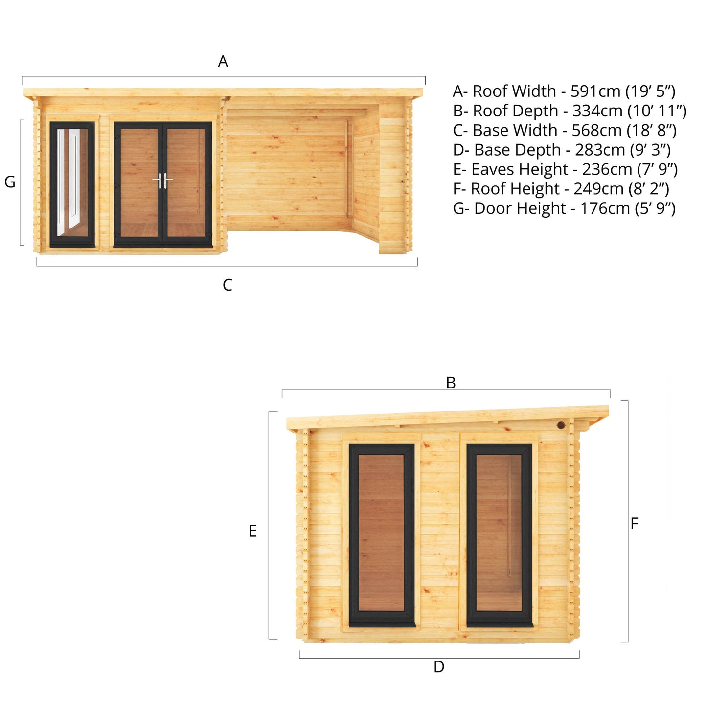 The 6 x 3m Wren Log Cabin with Patio Area and Anthracite UPVC