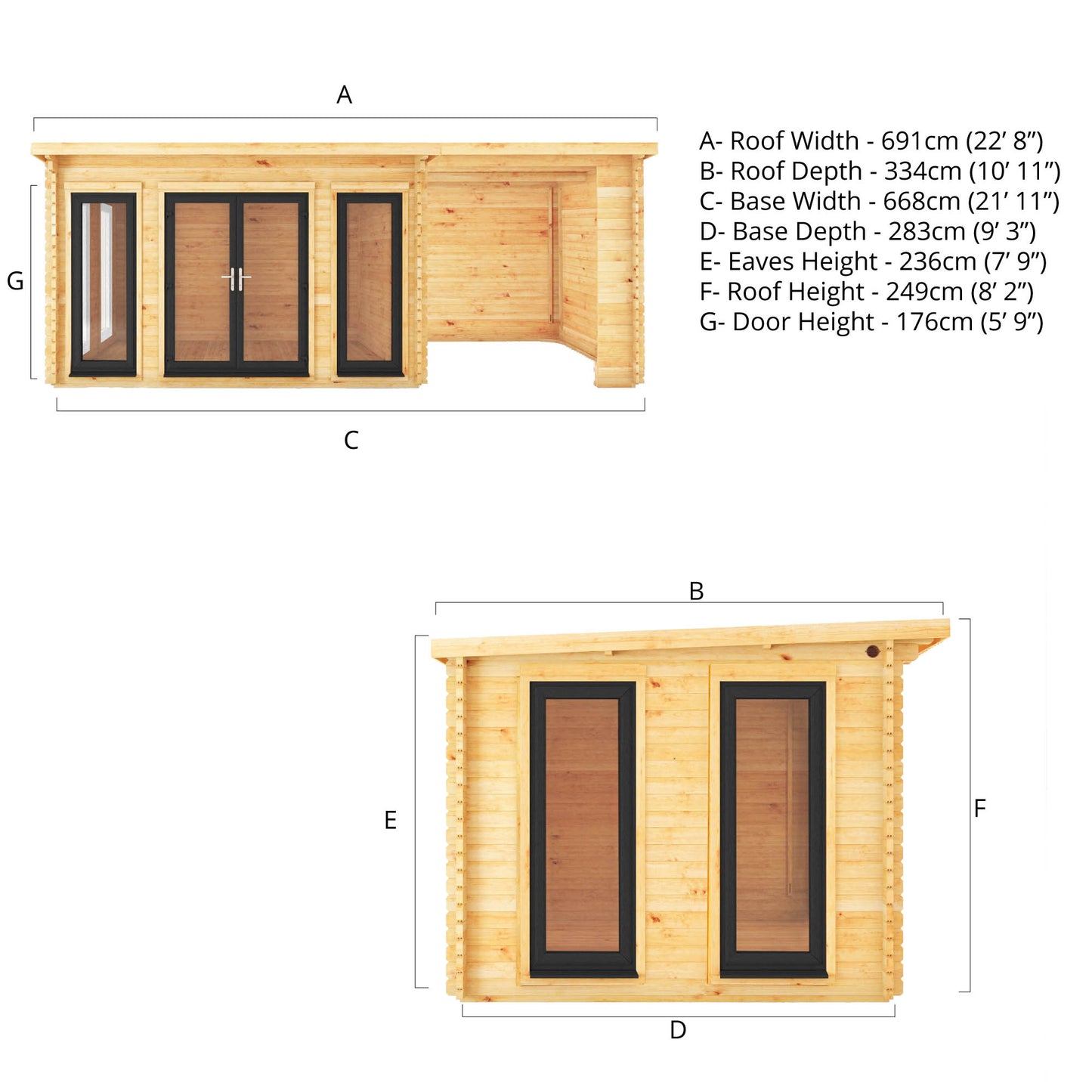 The 7m x 3m Wren Log Cabin with Patio Area and Anthracite UPVC