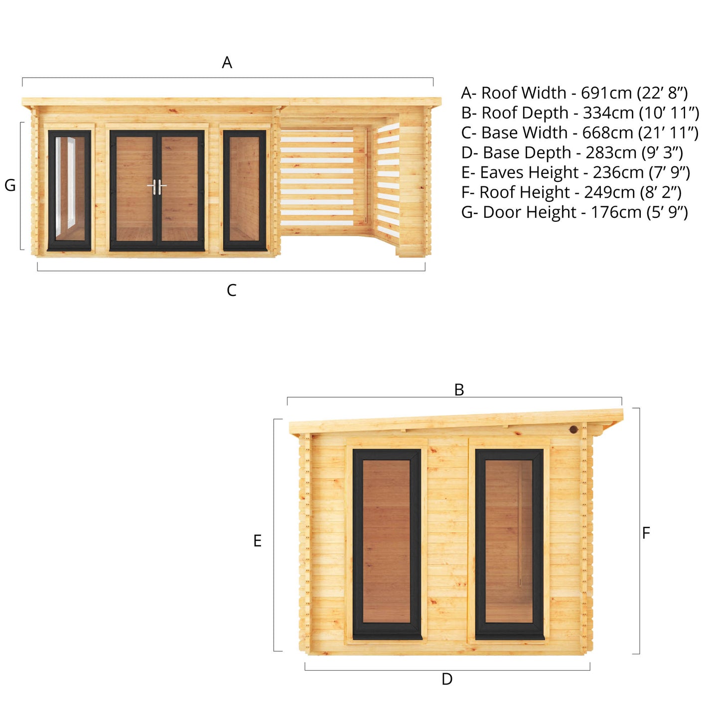 The 7m x 3m Wren Log Cabin with Slatted Area and Anthracite UPVC