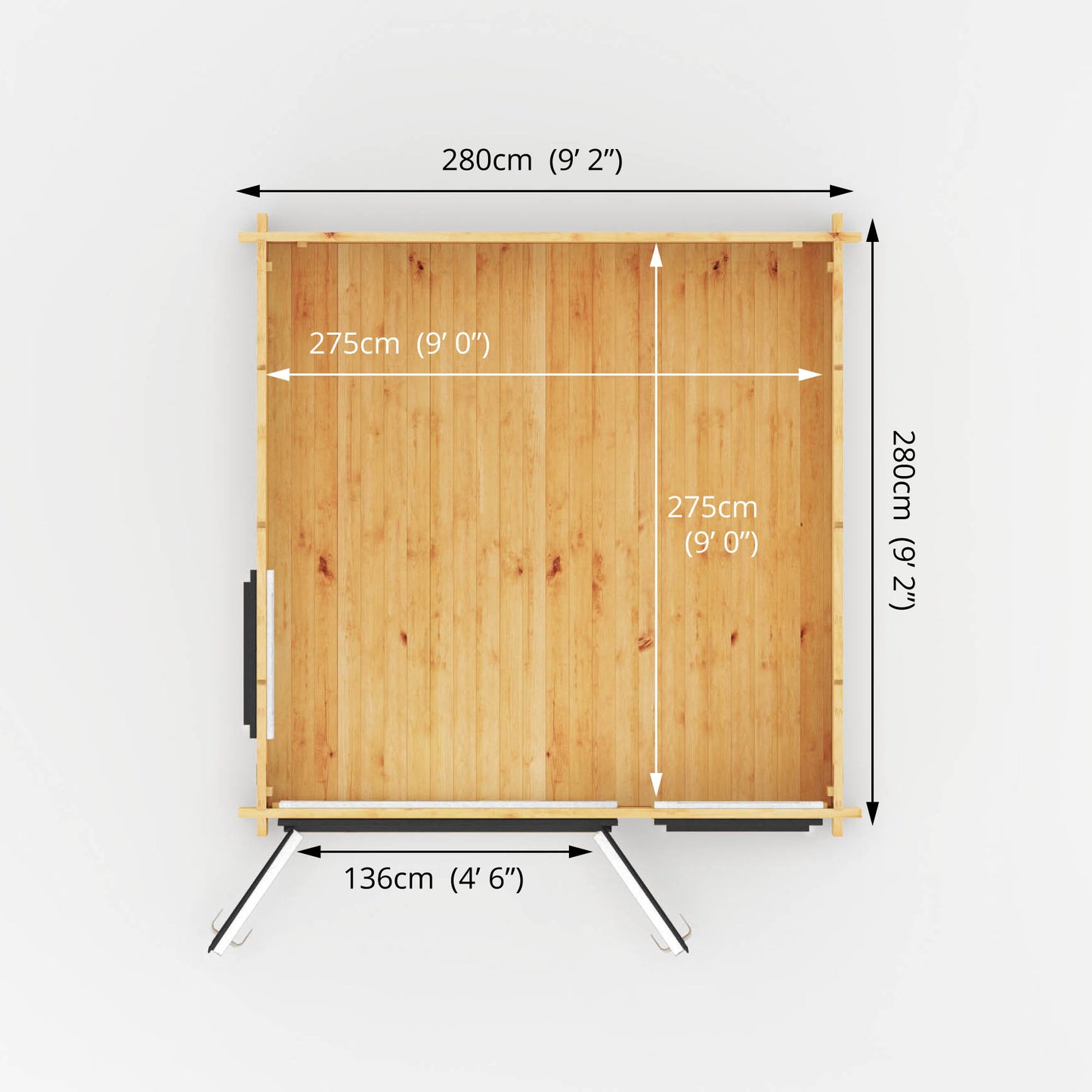 Dimensions of a 3m by 3m log cabin from above
