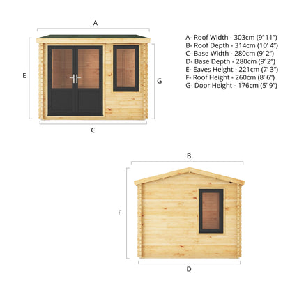 Dimensions of a 3m by 3m log cabin from the side and front