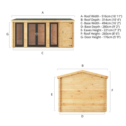 The 5.1m x 3m Dove Log Cabin with Side Shed with Anthracite UPVC