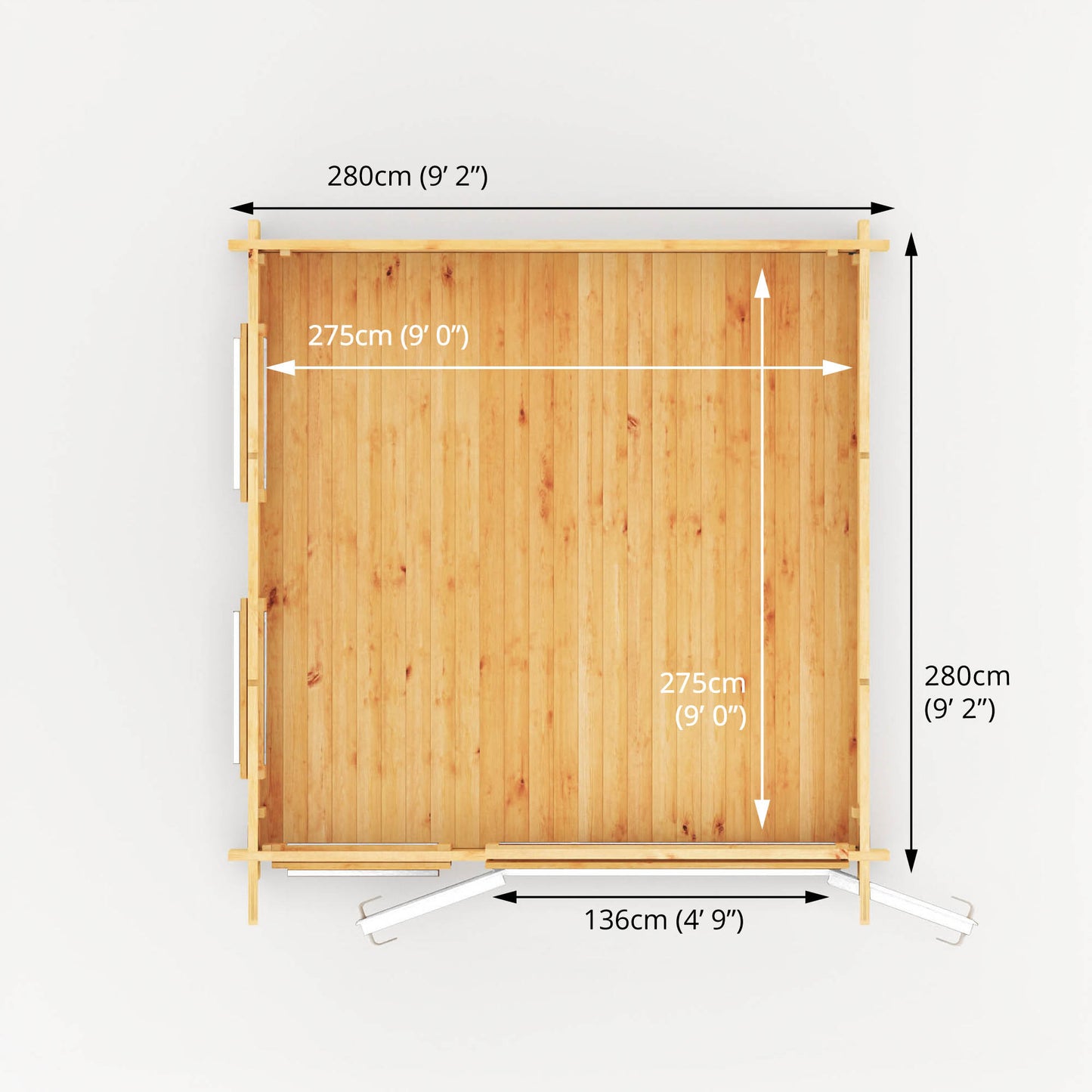 Aerial dimensions of A modern timber log cabin with sloping flat roof, full length windows, double doors with white UPVC