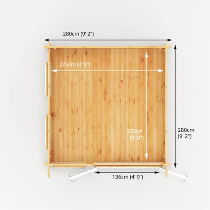 Aerial dimensions of A modern timber log cabin with sloping flat roof, full length windows, double doors with white UPVC
